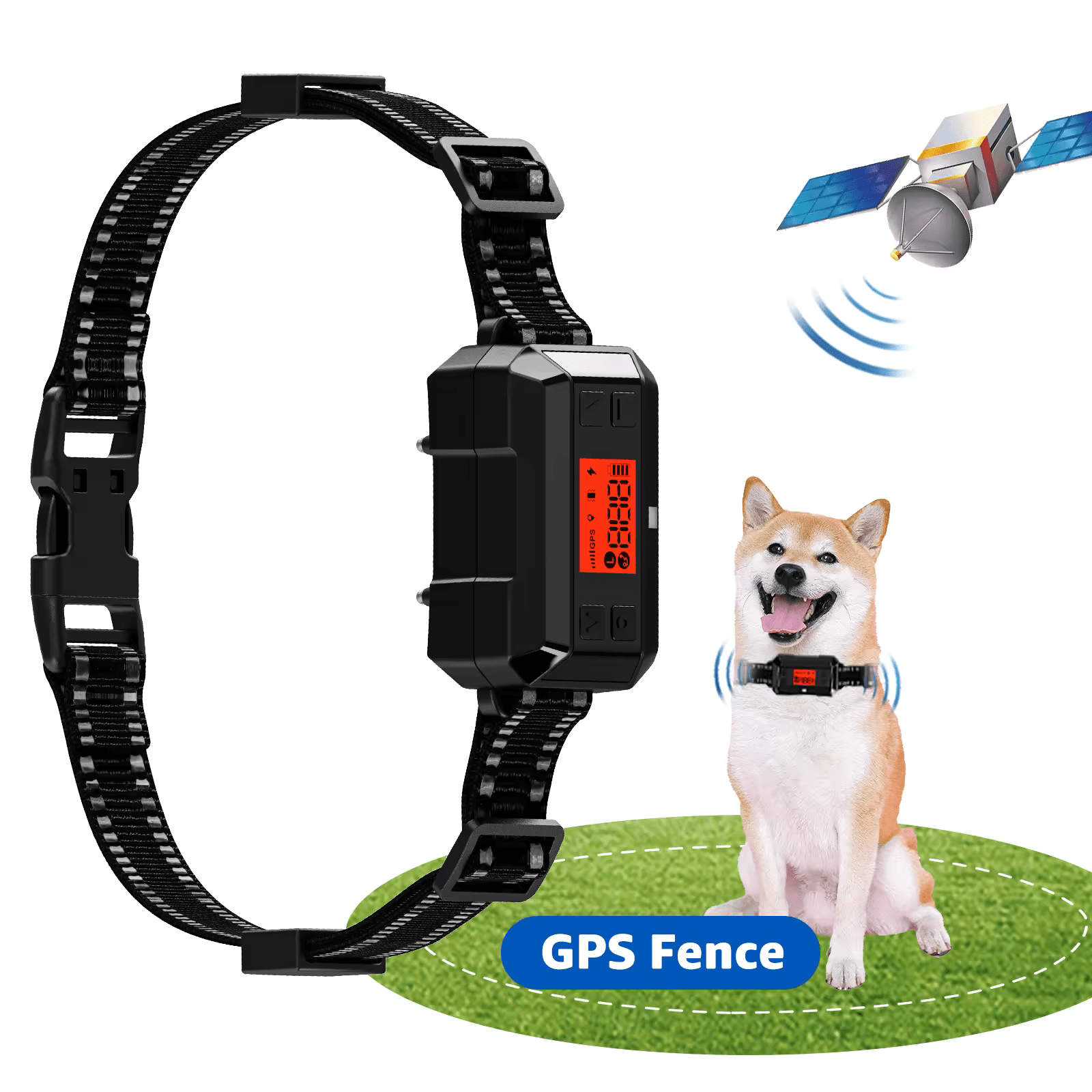 GPS Wireless Electric Fence F810 device with dog in the background and GPS signal